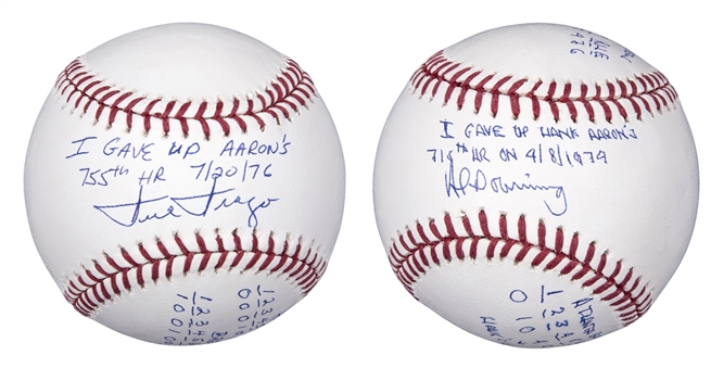 Lot of (2) Hank Aaron Themed Baseball- Signed and Inscribed by Dick Drago and Al Downing (PSA/DNA PreCert) 